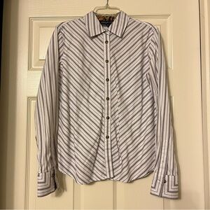 Jones New York signature petite cotton white and gold stripe button blouse in PP